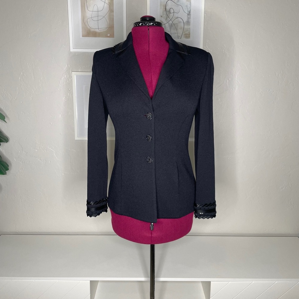 St John Evening Blazer‎ Womens 4 Black Knit Sequin Trim Marie Gray Jacket